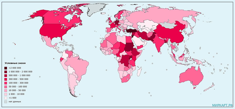 Карта количества беженцев в мире